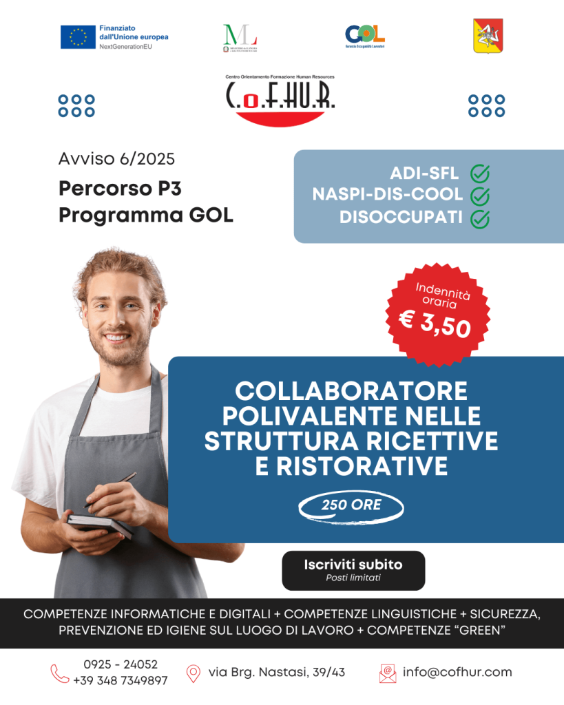 COLLABORATORE POLIVALENTE NELLE STRUTTURA RICETTIVE E RISTORATIVE (250 ore) 
